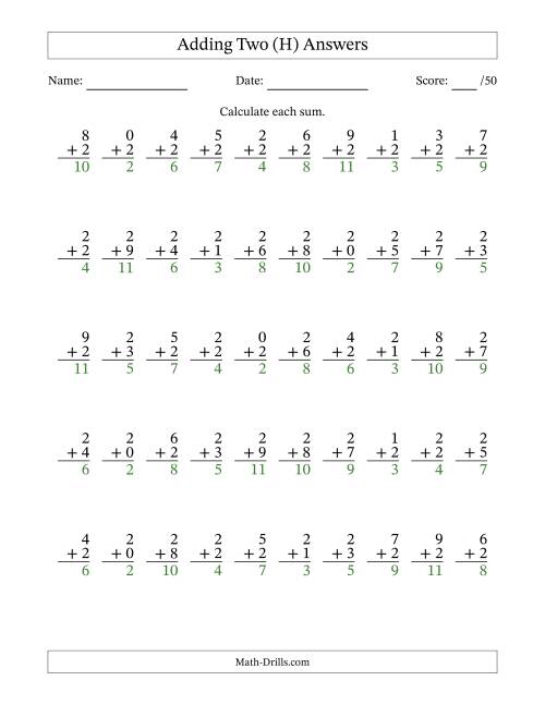 The Adding Two With The Other Addend From 0 to 9 – 50 Questions (H) Math Worksheet Page 2