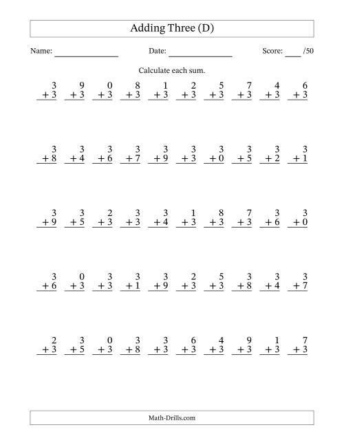 The Single Digit Addition -- 50 Vertical Questions -- Adding Threes (D) Math Worksheet