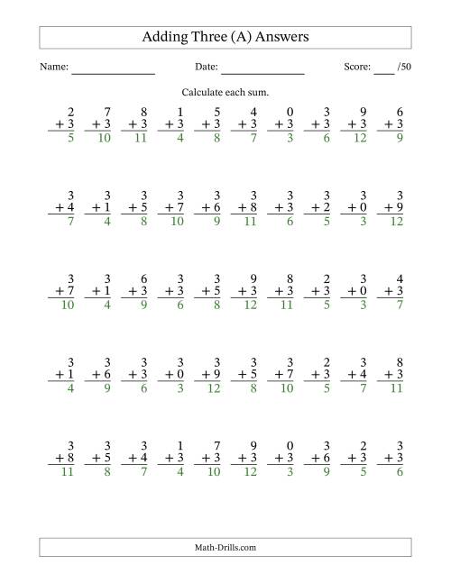 Single Digit Addition 50 Vertical Questions Adding Threes All 