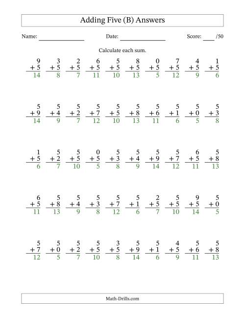 Single Digit Addition -- 50 Vertical Questions -- Adding Fives (B)