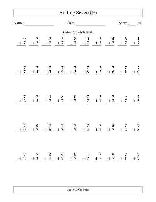 Single Digit Addition -- 50 Vertical Questions -- Adding Sevens (E)