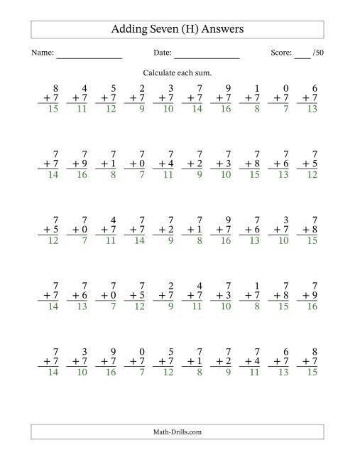 The Adding Seven With The Other Addend From 0 to 9 – 50 Questions (H) Math Worksheet Page 2