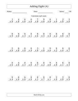 Adding Eight With The Other Addend From 0 to 9 – 50 Questions