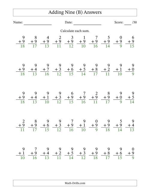 The Single Digit Addition -- 50 Vertical Questions -- Adding Nines (B) Math Worksheet Page 2