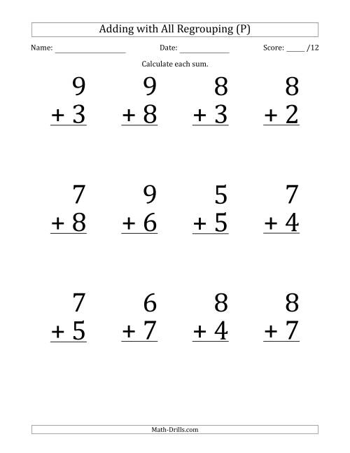 The 12 Single-Digit Addition Questions with All Regrouping (P) Math Worksheet