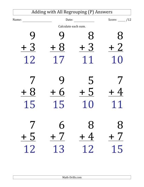 The 12 Single-Digit Addition Questions with All Regrouping (P) Math Worksheet Page 2