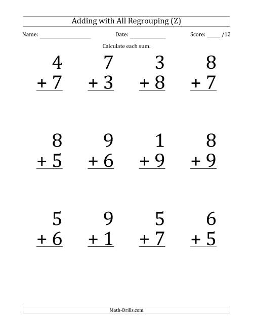 The 12 Single-Digit Addition Questions with All Regrouping (Z) Math Worksheet