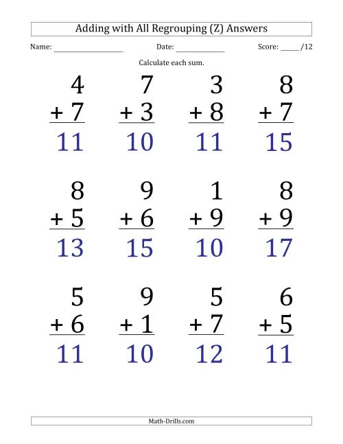 The 12 Single-Digit Addition Questions with All Regrouping (Z) Math Worksheet Page 2