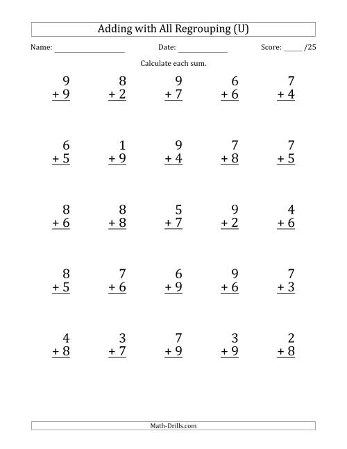 The 25 Single-Digit Addition Questions with All Regrouping (U) Math Worksheet