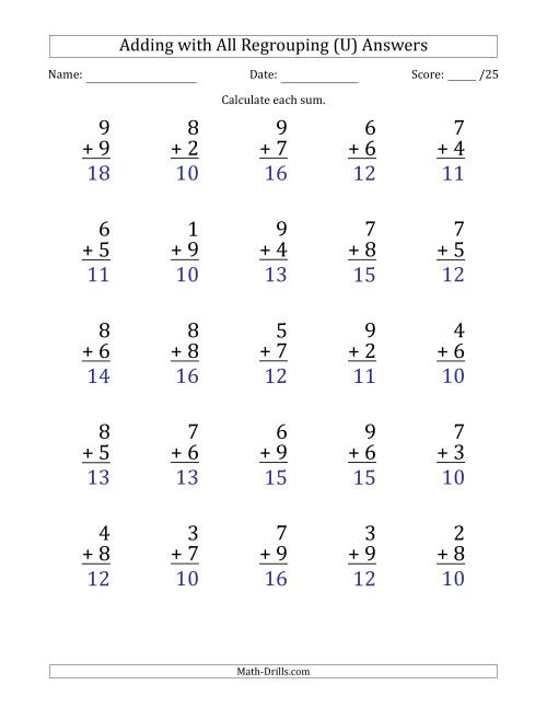 The 25 Single-Digit Addition Questions with All Regrouping (U) Math Worksheet Page 2