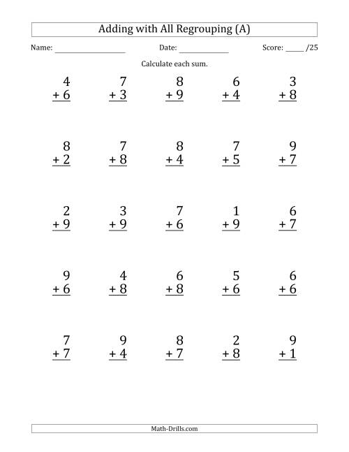 25 Single Digit Addition Questions With All Regrouping All 