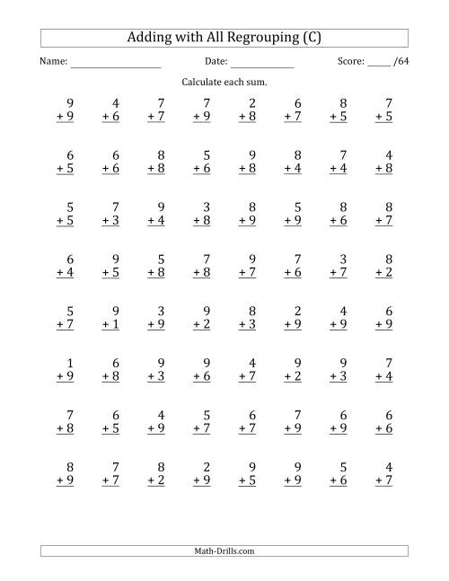 The 64 Single-Digit Addition Questions with All Regrouping (C) Math Worksheet