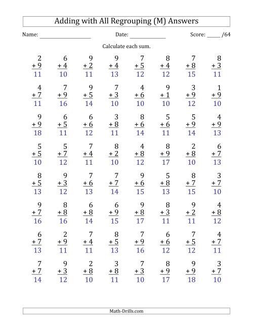 The 64 Single-Digit Addition Questions with All Regrouping (M) Math Worksheet Page 2