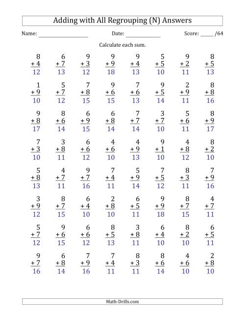 The 64 Single-Digit Addition Questions with All Regrouping (N) Math Worksheet Page 2