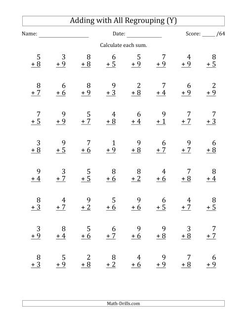 The 64 Single-Digit Addition Questions with All Regrouping (Y) Math Worksheet