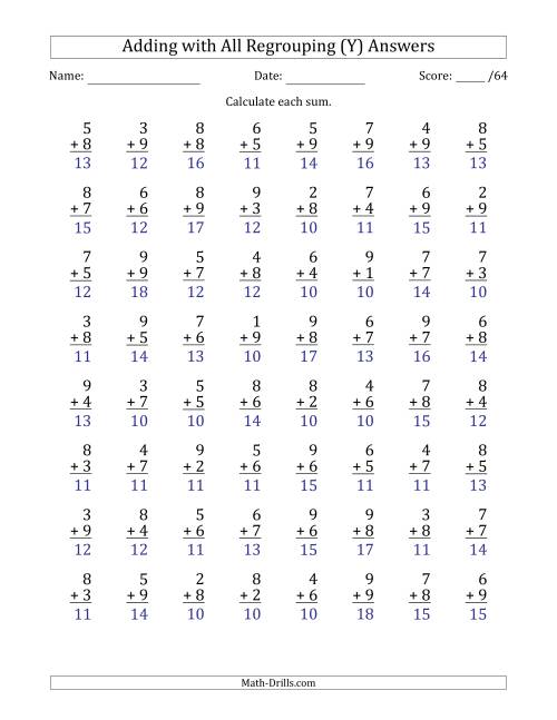 The 64 Single-Digit Addition Questions with All Regrouping (Y) Math Worksheet Page 2