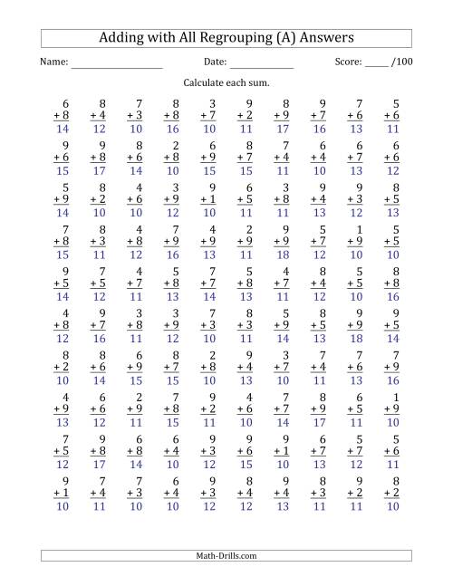 100 single digit addition questions with all regrouping a