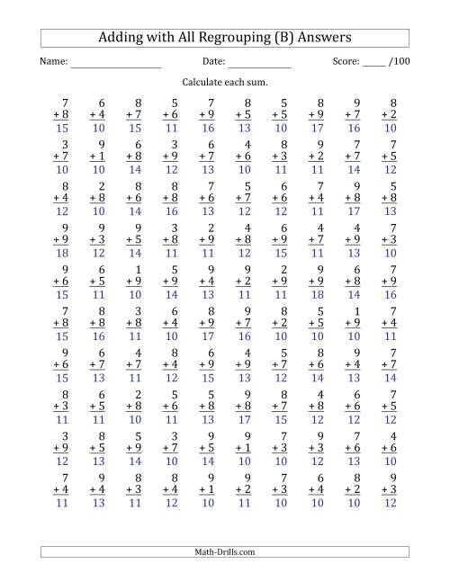 100 Single-Digit Addition Questions All with Regrouping (B)