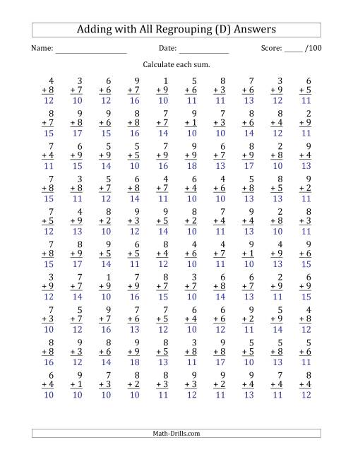 100 Single-Digit Addition Questions with All Regrouping (D)