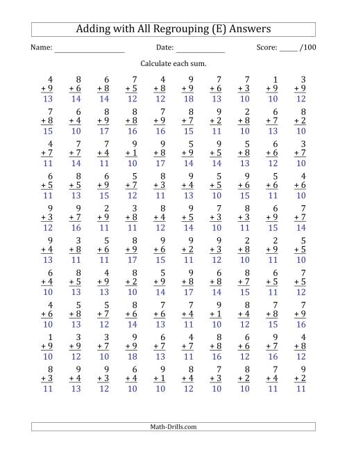 100 Single-Digit Addition Questions with All Regrouping (E)