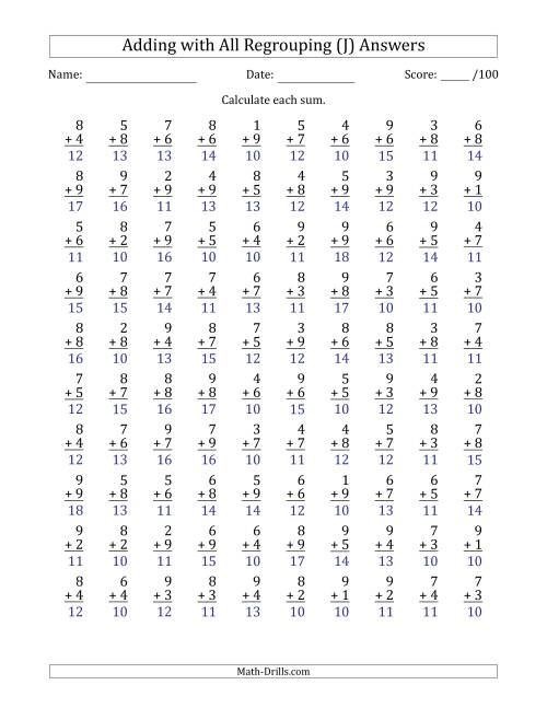 100 Single-Digit Addition Questions All with Regrouping (J)