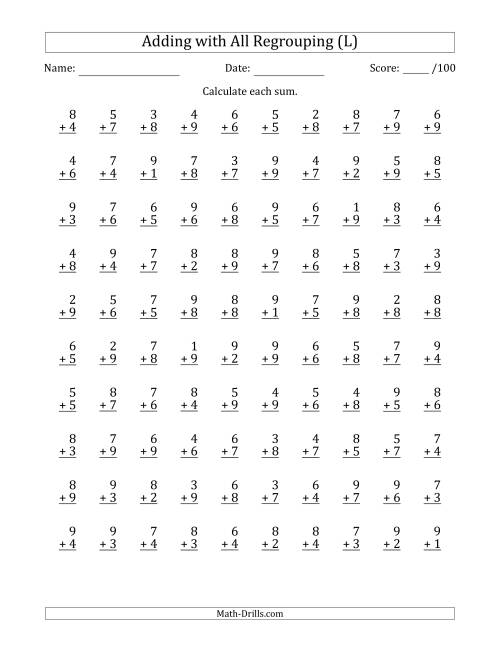 The 100 Single-Digit Addition Questions with All Regrouping (L) Math Worksheet