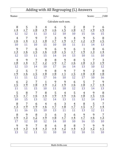 The 100 Single-Digit Addition Questions with All Regrouping (L) Math Worksheet Page 2