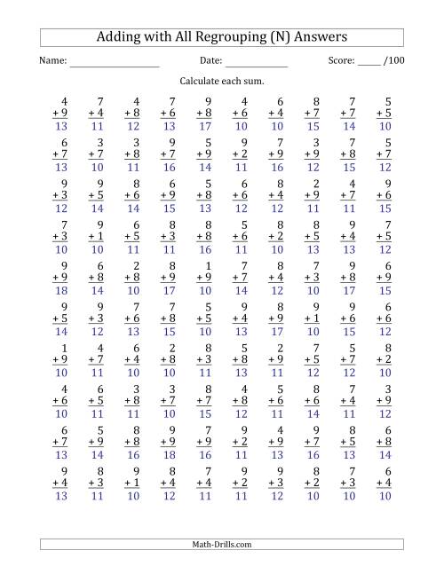 100 single digit addition questions with all regrouping n