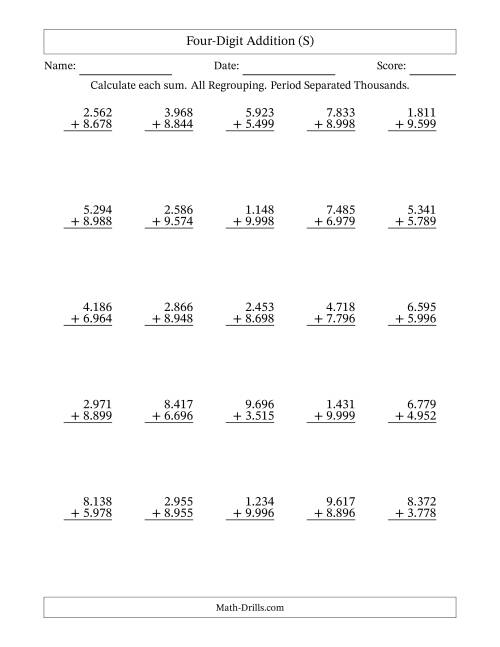The Four-Digit Addition With All Regrouping – 25 Questions – Period Separated Thousands (S) Math Worksheet