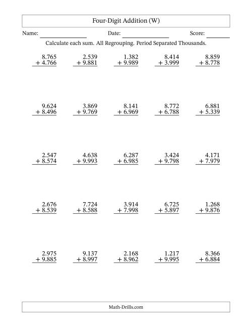 The Four-Digit Addition With All Regrouping – 25 Questions – Period Separated Thousands (W) Math Worksheet