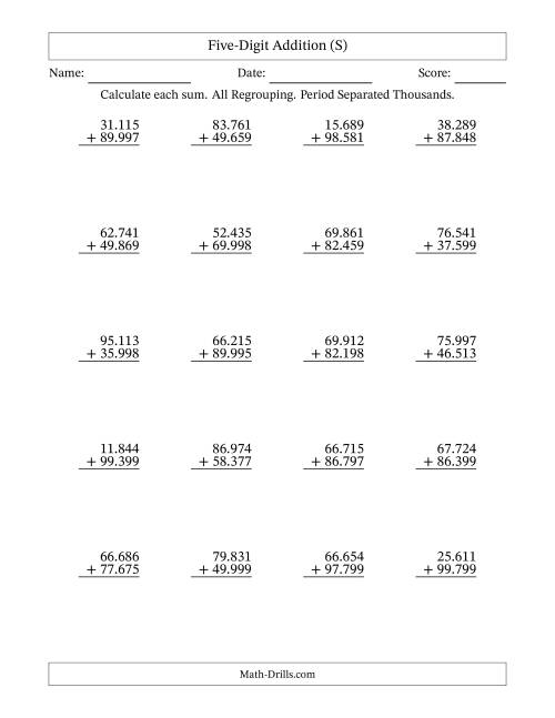 The Five-Digit Addition With All Regrouping – 20 Questions – Period Separated Thousands (S) Math Worksheet