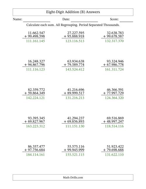 8-Digit Plus 8-Digit Addtion With ALL Regrouping And Period-Separated ...