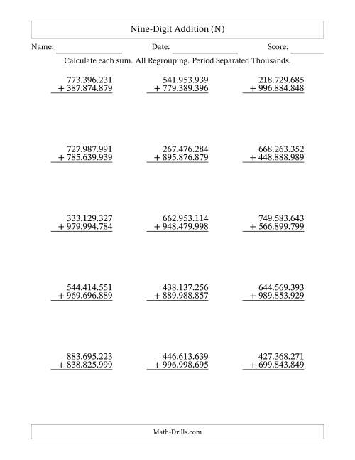 The Nine-Digit Addition With All Regrouping – 15 Questions – Period Separated Thousands (N) Math Worksheet
