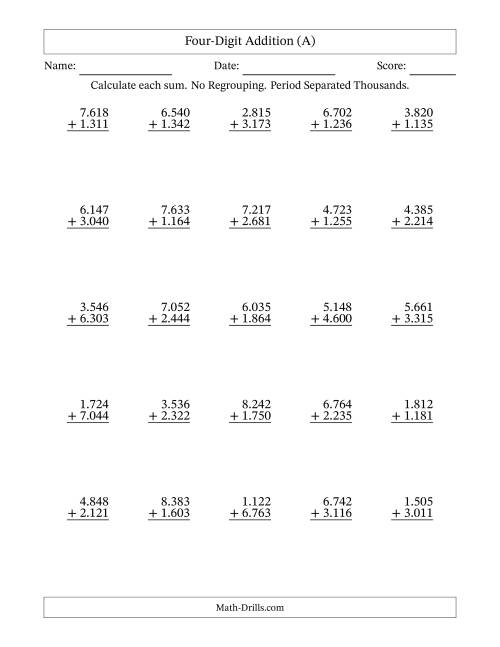 The Four-Digit Addition With No Regrouping – 25 Questions – Period Separated Thousands (A) Math Worksheet
