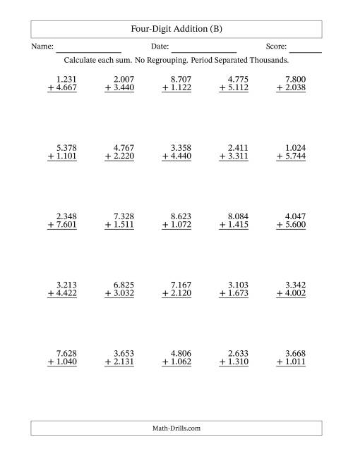 The Four-Digit Addition With No Regrouping – 25 Questions – Period Separated Thousands (B) Math Worksheet