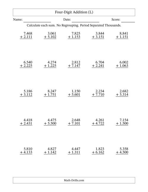 The Four-Digit Addition With No Regrouping – 25 Questions – Period Separated Thousands (L) Math Worksheet