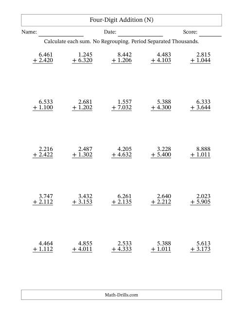 The Four-Digit Addition With No Regrouping – 25 Questions – Period Separated Thousands (N) Math Worksheet