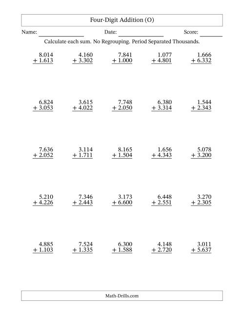 The Four-Digit Addition With No Regrouping – 25 Questions – Period Separated Thousands (O) Math Worksheet