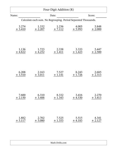 The Four-Digit Addition With No Regrouping – 25 Questions – Period Separated Thousands (R) Math Worksheet