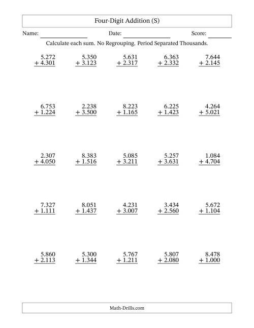 The Four-Digit Addition With No Regrouping – 25 Questions – Period Separated Thousands (S) Math Worksheet