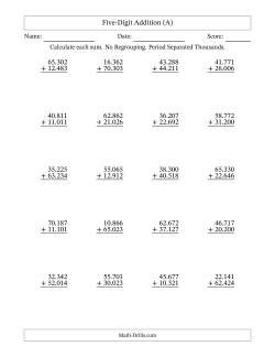 Five-Digit Addition With No Regrouping – 20 Questions – Period Separated Thousands