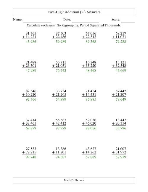 The Five-Digit Addition With No Regrouping – 20 Questions – Period Separated Thousands (K) Math Worksheet Page 2