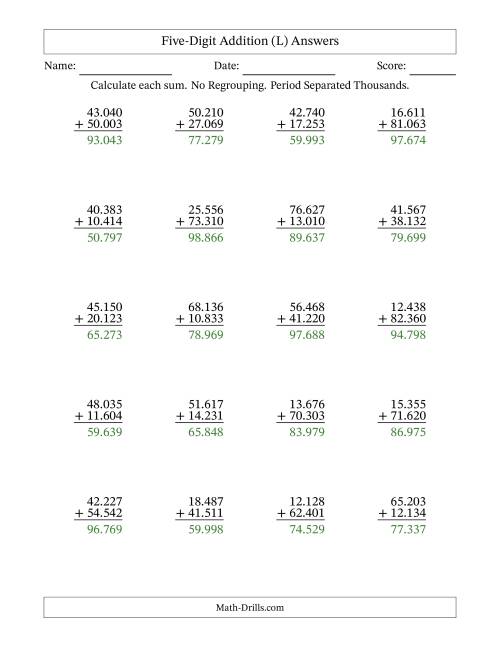 The Five-Digit Addition With No Regrouping – 20 Questions – Period Separated Thousands (L) Math Worksheet Page 2
