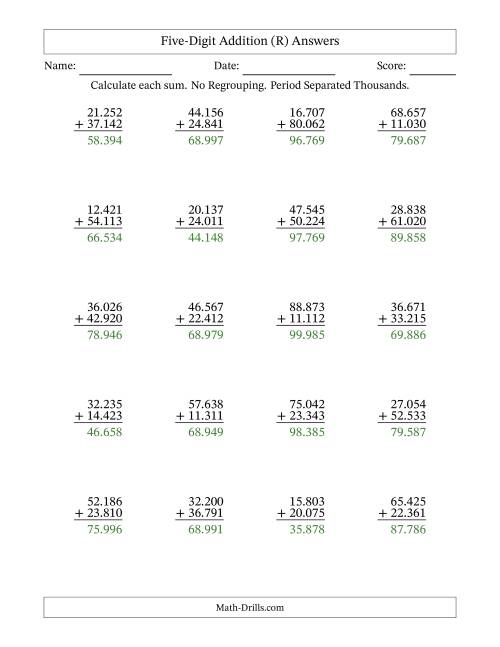 The Five-Digit Addition With No Regrouping – 20 Questions – Period Separated Thousands (R) Math Worksheet Page 2