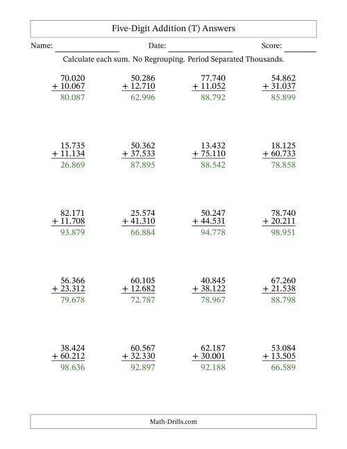 The Five-Digit Addition With No Regrouping – 20 Questions – Period Separated Thousands (T) Math Worksheet Page 2