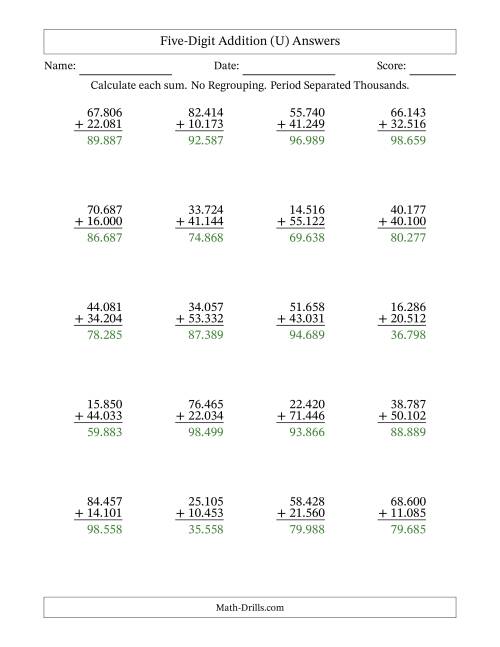 The Five-Digit Addition With No Regrouping – 20 Questions – Period Separated Thousands (U) Math Worksheet Page 2