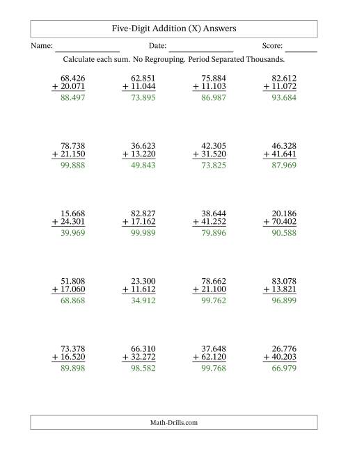 The Five-Digit Addition With No Regrouping – 20 Questions – Period Separated Thousands (X) Math Worksheet Page 2