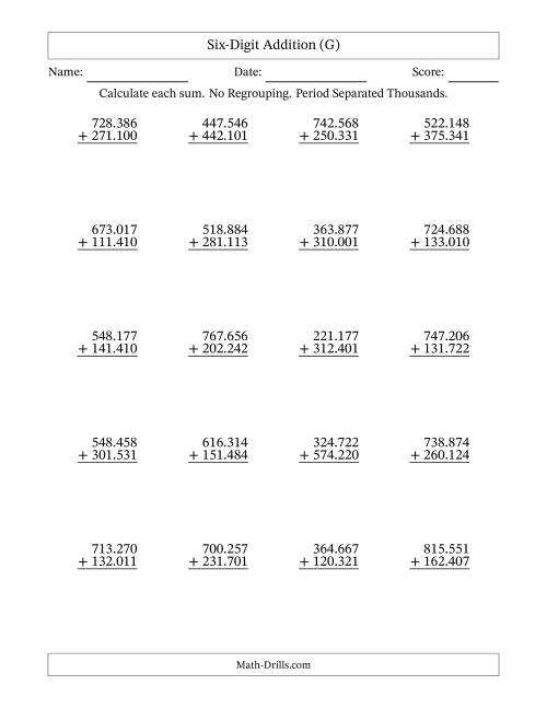 6-Digit Plus 6-Digit Addition with NO Regrouping and Period-Separated ...