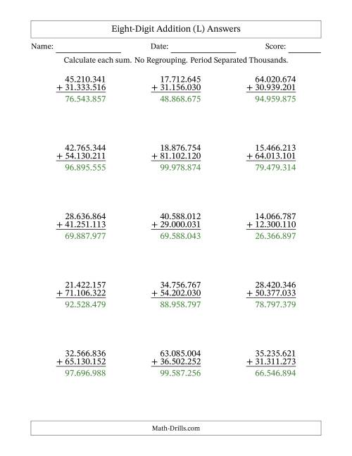 The Eight-Digit Addition With No Regrouping – 15 Questions – Period Separated Thousands (L) Math Worksheet Page 2