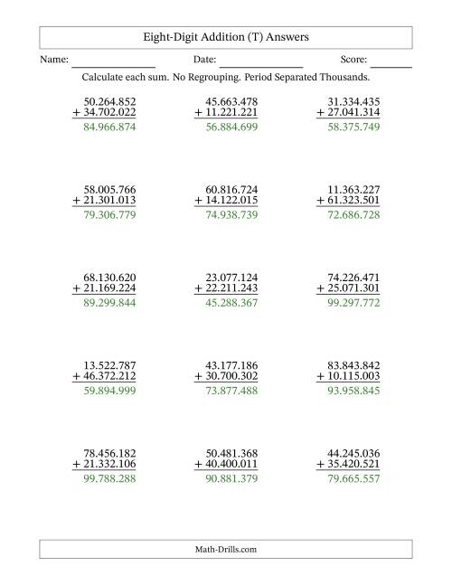 The Eight-Digit Addition With No Regrouping – 15 Questions – Period Separated Thousands (T) Math Worksheet Page 2